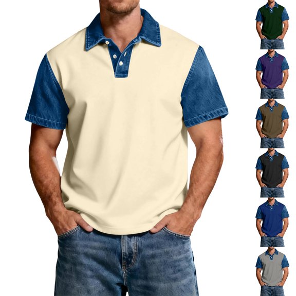 Mens Denim Top Western Cowboy Polo Shirts Denim Patchwork Button up Short Sleeve Casual Trendy Shirts