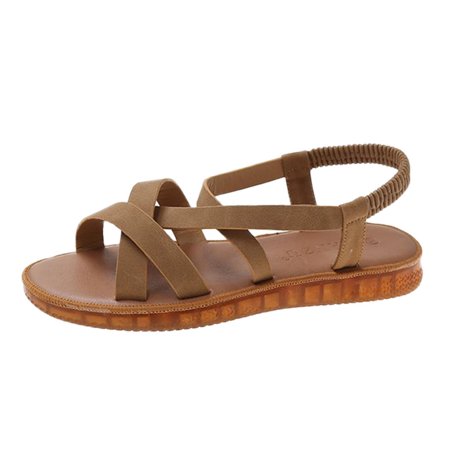 

sandals for Women Ladies Shoes Summer Fashion Rome Style Sandals Soft Sole Elastic Band Casual Open Toe Sandals PU Dress Sandals for Women Brown