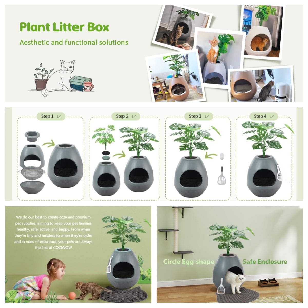 Jaxpety Large Smart Plant Litter Box with Deodorization System, Artificial Plants,5 Cat Litter Bags,Light,Cat Litter Mat,Scoop,Gray