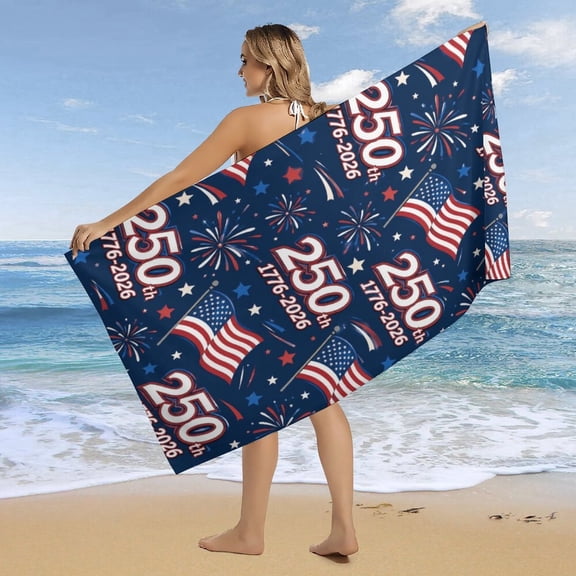 Patriotic 250th Anniversary Oversized Beach Towel USA Red White Blue Absorbent Quick Dry Microfiber for Travel Camping Pool