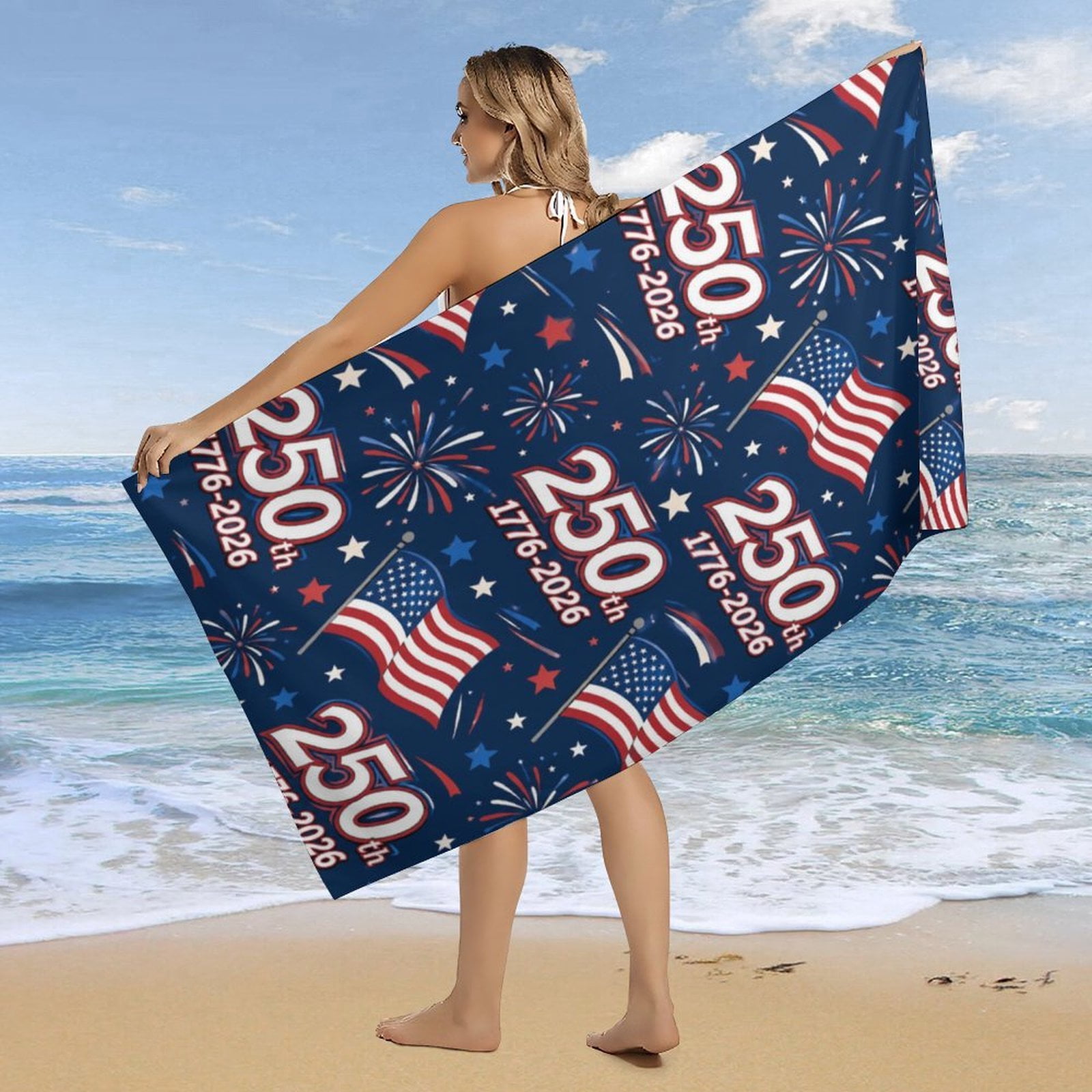 Patriotic 250th Anniversary Oversized Beach Towel USA Red White Blue Absorbent Quick Dry Microfiber for Travel Camping Pool