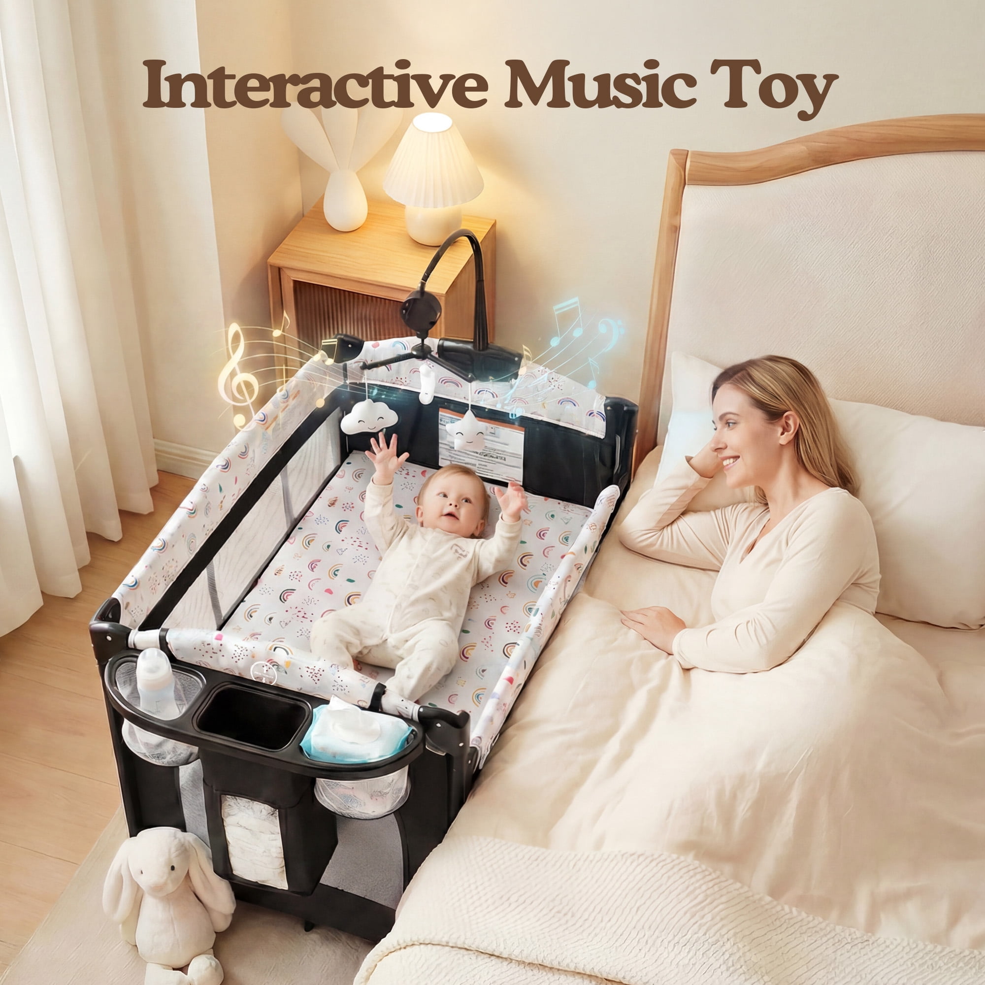 LINLUX Foldable Baby Bedside Crib Bassinet, Infant Pack and Play Playard, Newborn Playpen Changing Table, Multicolor