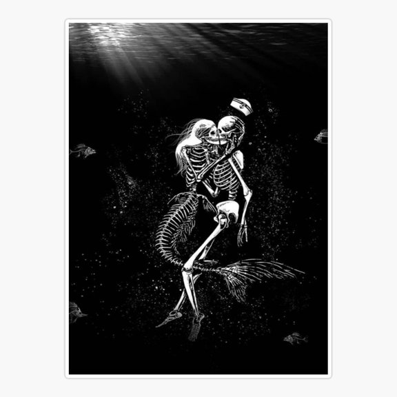 Stickly Mermaid Skeleton And Human Clam Kissing Sticker, Phone Decal Water Bottle Stickers Car Decals, Funny Birthday Gift