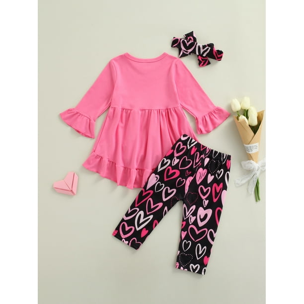 Xingqing Boutique Kids Baby Girls Valentine's Day Clothes Top T-shirt Dress  Heart Print Pants Legging Outfits Rose Red 2-3 Years 