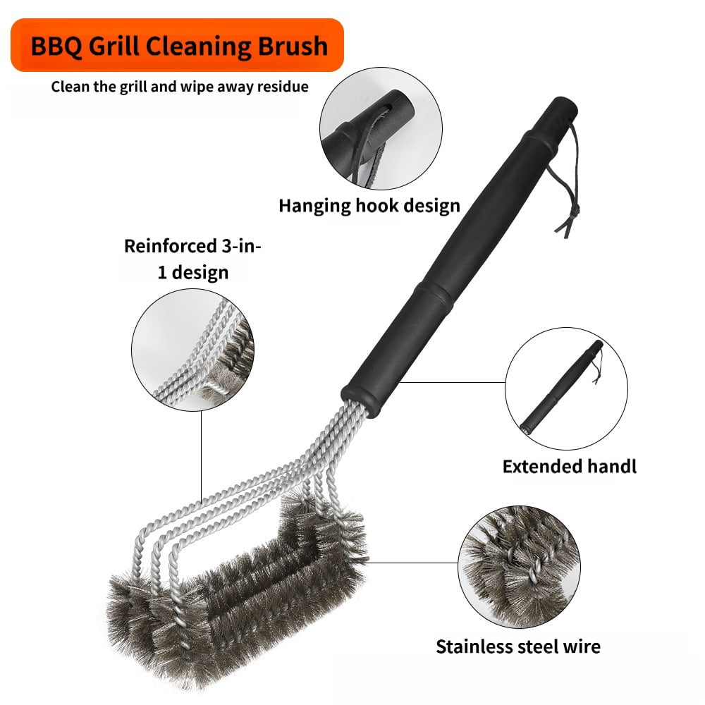 3‑Head BBQ Grill Cleaning Brush, Stainless Steel Wire Brush for Grill Grate, Oven Rack, Heat Resistant Barbecue Scraper for Outdoor Cooking