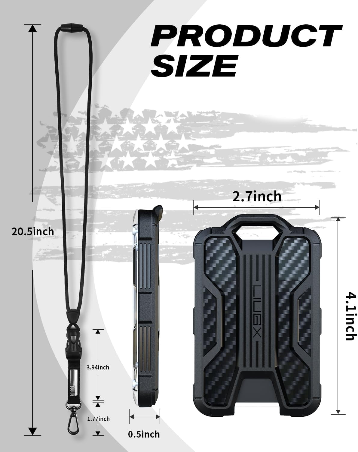 Badge Holder with Heavy Duty Breakaway Lanyard, Carbon Fiber-Texture, Durable ID Card Holder (Holds 6 Cards) with Quick Release Detachable Buckle, Metal Clip, American Flag