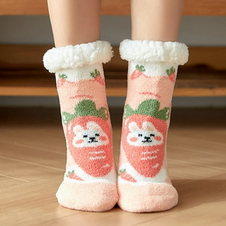 

STEADY Women Animal Print Thickened Fleece Non-slip Winter Carpet Socks Floor Socks Snow Socks Pink 36