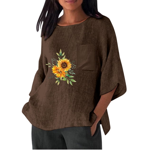 Birdeem Chemise Imitation Coton et Lin pour Femmes Manches 3/4 Col Rond T-Shirt Ample Décontracté Léger et à la Mode Haut d'Été