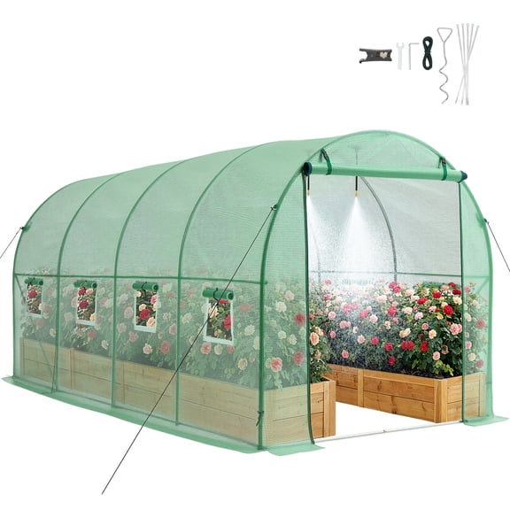 KFFKFF Walk-in Tunnel Greenhouse, 15 x 7 x 7 ft Hoop House with Watering System, Outdoor Plant Shelter with Steel Frame, PE Cover, Zipper Door, and 8 Roll-Up Windows, Green
