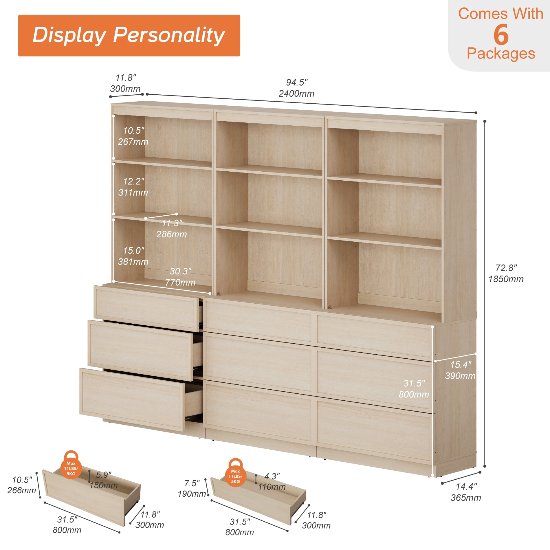 Modern 72" Tall 94.5" Wide Wood Sideboard Buffet with 9 Drawers & Open Shelves for Dining Kitchen,Beige