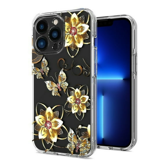 For Apple iPhone 13 Pro Max (6.7") Hybrid Trendy Image Patterns Design Transparent Hard Back TPU Rubber Protective Phone Case Cover by Xpression [Gold Flowers]
