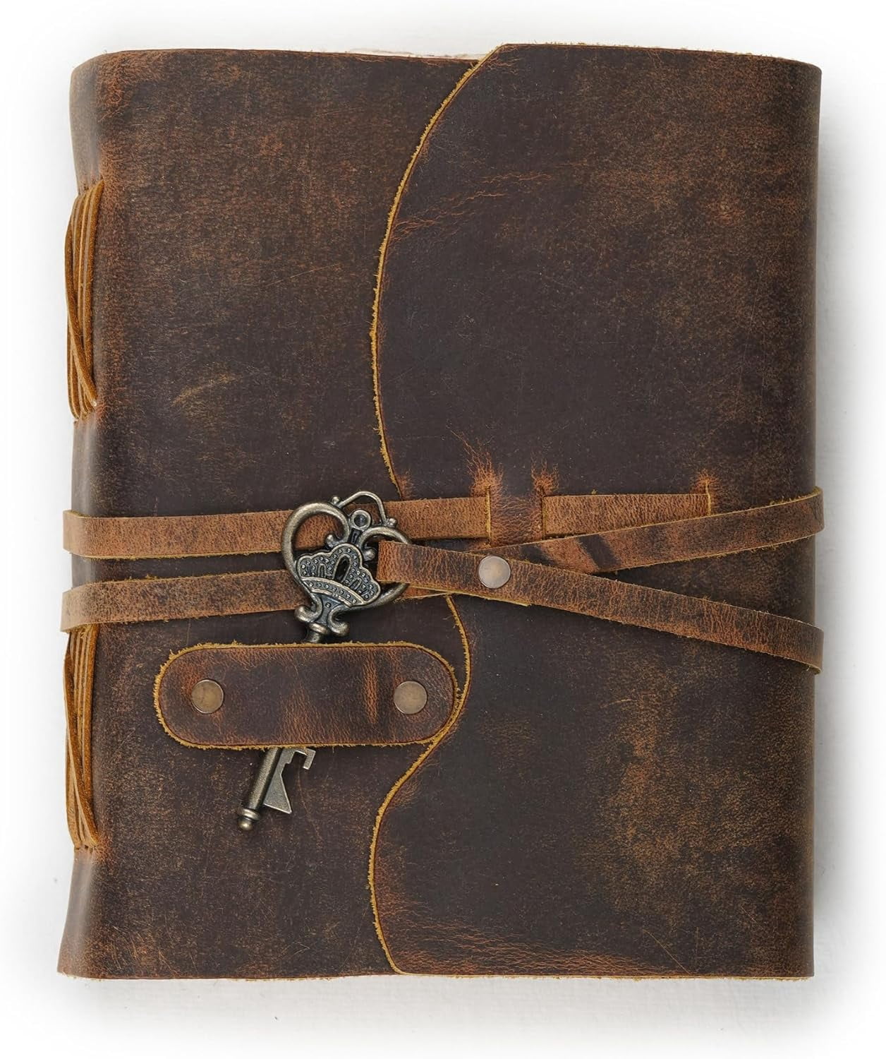 Vintage Leather Journal – 200 Handmade Deckle  Paper – Leather bound Notebook for Men Women – Vintage  Closure - Book of Shadows - Cappuccino Brown - 13X8 inches