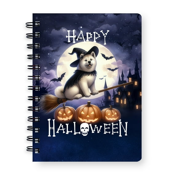 Happy Halloween Akita Witch Pumpkins Bats Spiral Bound Journal Inu Dog Lover 5x7in Spiral Notebook - 13012