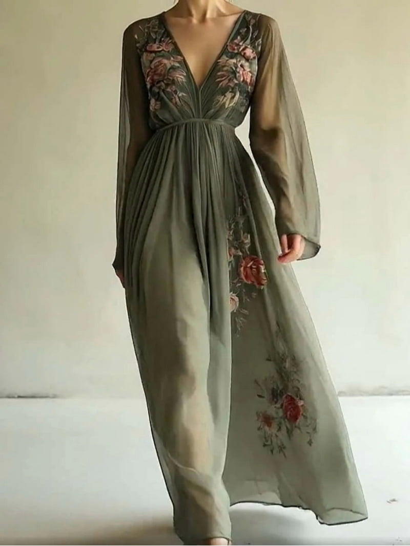 long flowy sheer dresses Floral Sheer Slit Long Sleeve Chiffon Flowy Dress In BLACK