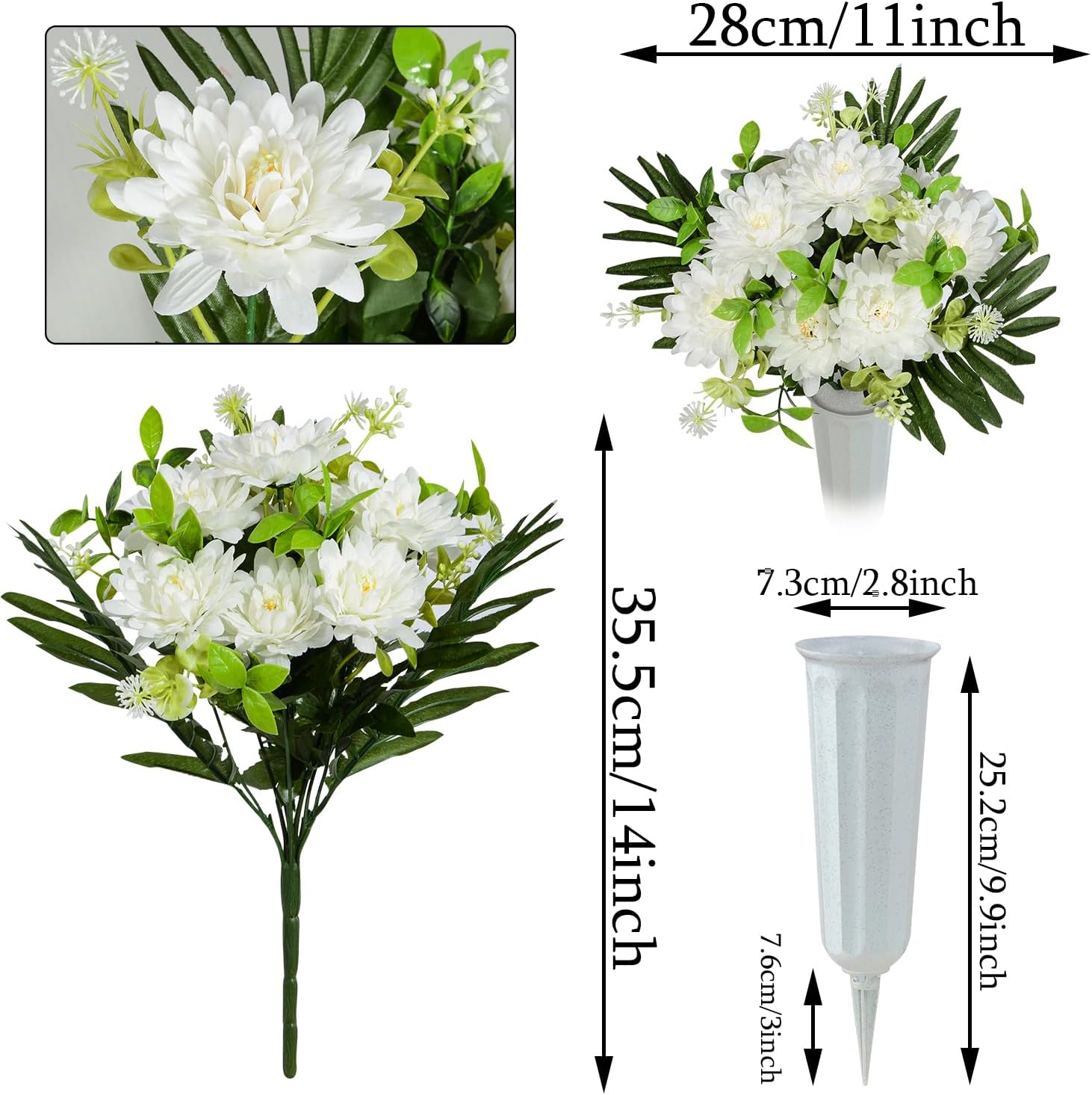 Artificial Cemetery Flowers for Grave, Set of 2 Artificial Memorial Flowers with Vase for Outdoor Cemetery Headstones Graveyard Gravestone Decoration (Red Lily&White Purple Peony)