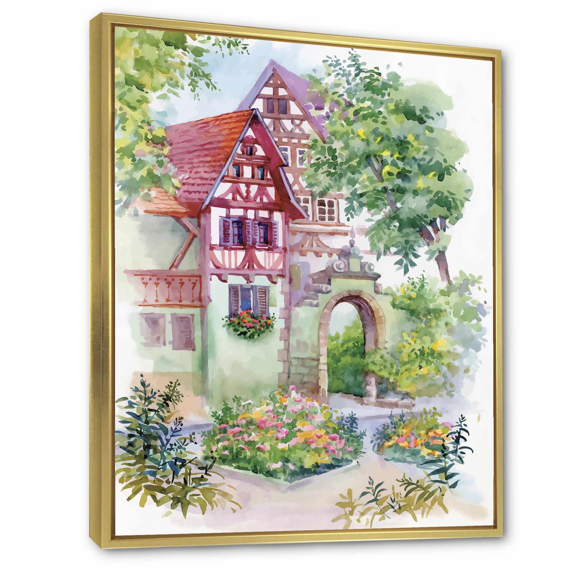 Red Rustic House In The Country Side Landscape 12 in x 20 in Framed Painting Canvas Art Print, by Designart