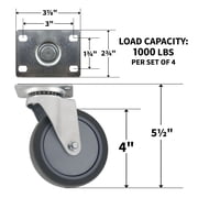 Super Sliders Swivel Caster Wheels with Brake, 4-Inch, 250 lb Capacity, TPR Wheels