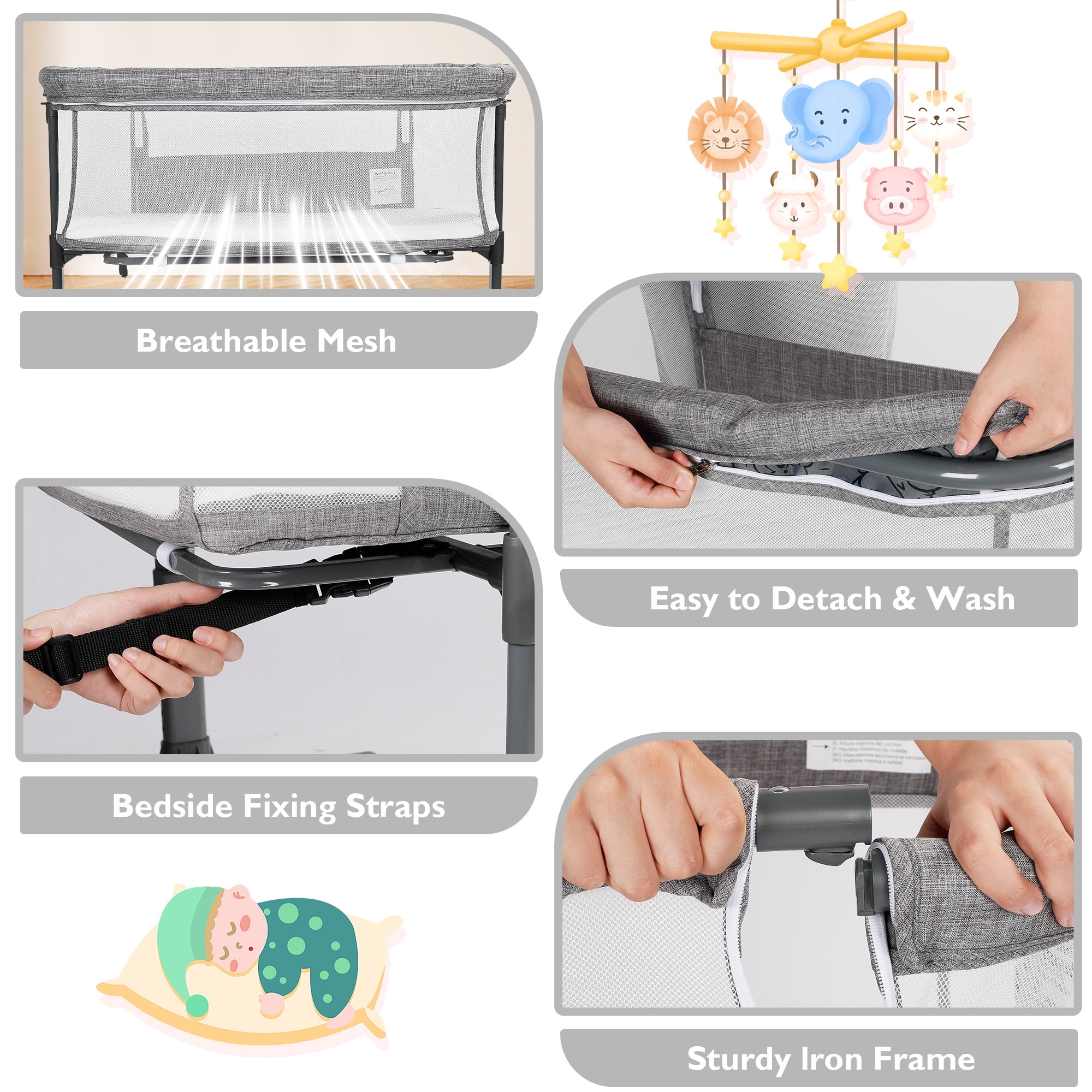 AILEEKISS Baby Bassinet with Wheels Adjustable Bedside Sleeper Bassinet Newborn Baby Crib, Grey
