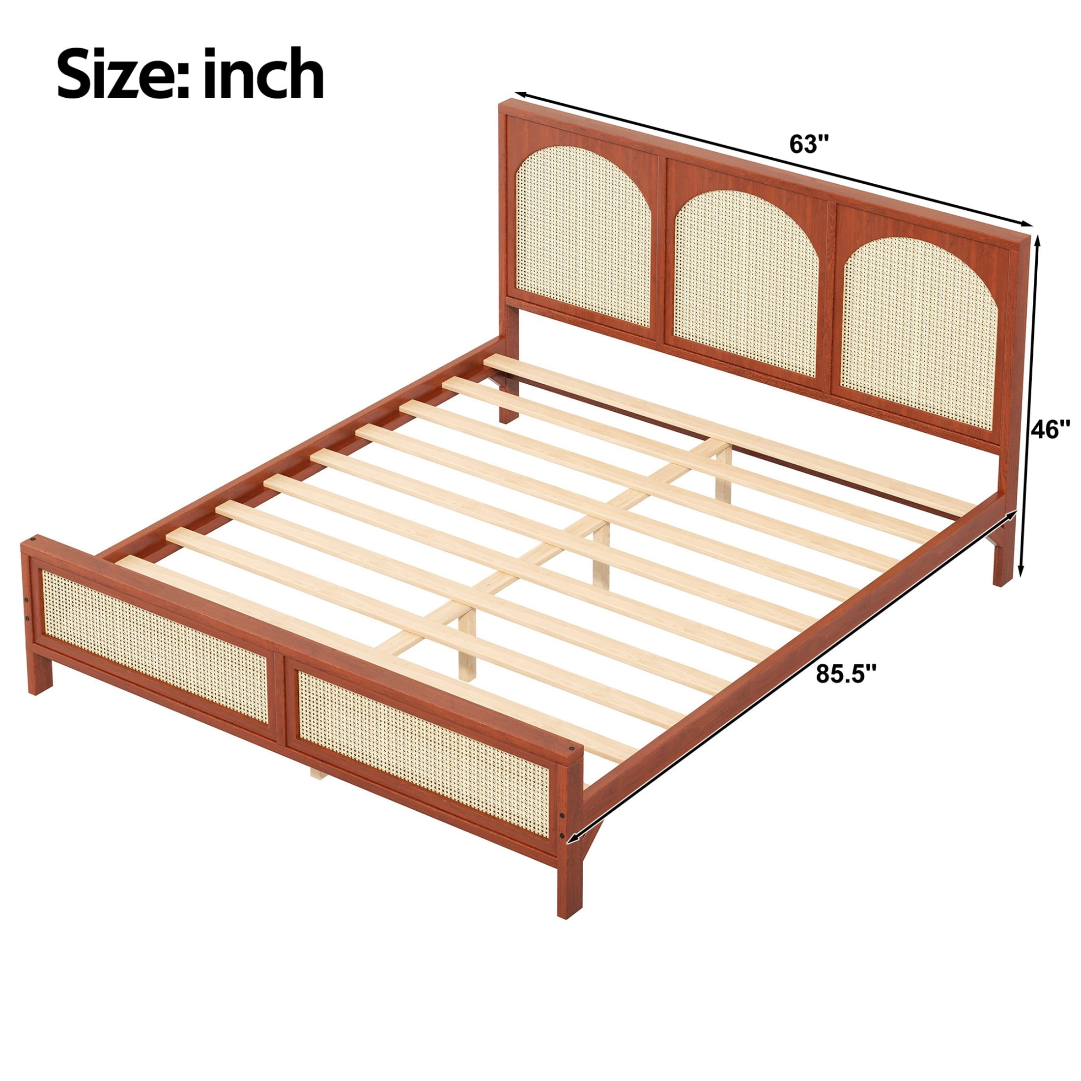 Alvantor Queen Bed Frame with Rattan Headboard & Footboard, Walnut+Beige