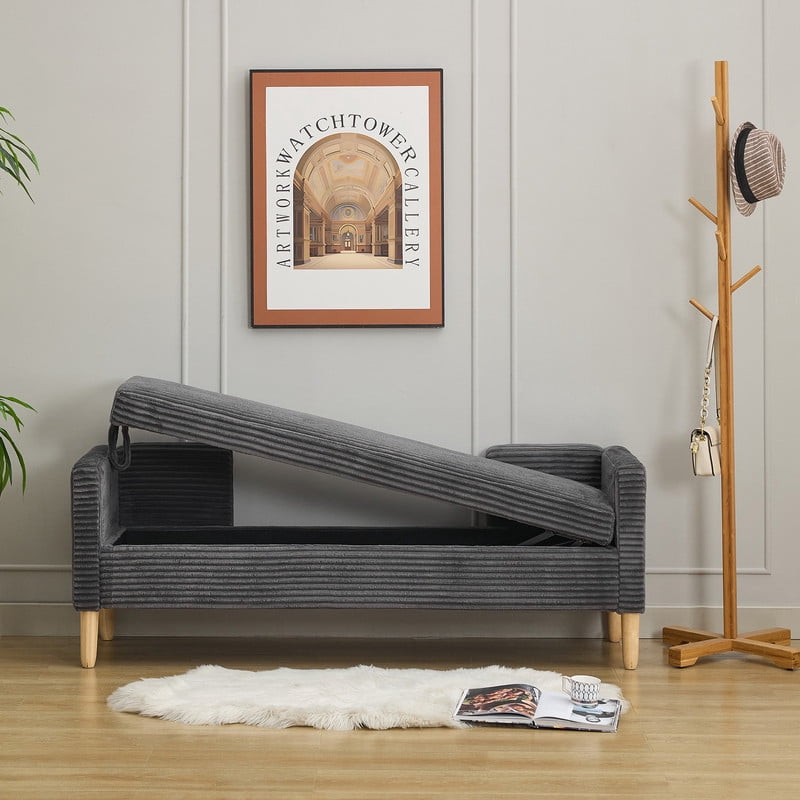 AISWORD 64.7"W Corduroy Storage Bench with Armrests & Backrest,Flip-Top Entryway End of Bed Bench, 2 Bolsters, 352 lbs Capacity, Rubberwood Legs, for Living Room,Bedroom,Hallway,Charcoal