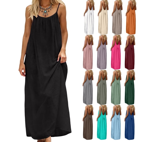 GEWSEY Backless Cami Dresses for Women,Sleeveless Solid Color Lounge Dress Spaghetti Strap Flowy Summer Loose Maxi Sundress (Dark Green, XXL)