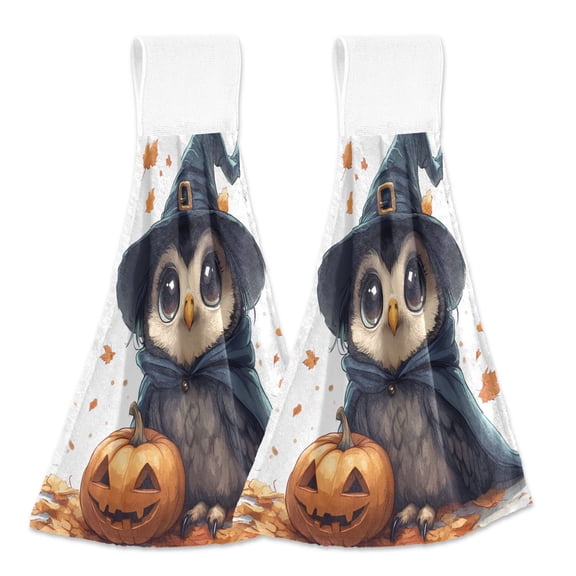 2 Pcs Cute Owl Witch and Pumpkins Kitchen Hand Towels with Hanging Loops Absorbent Soft Fast Drying Decor Bath Towels