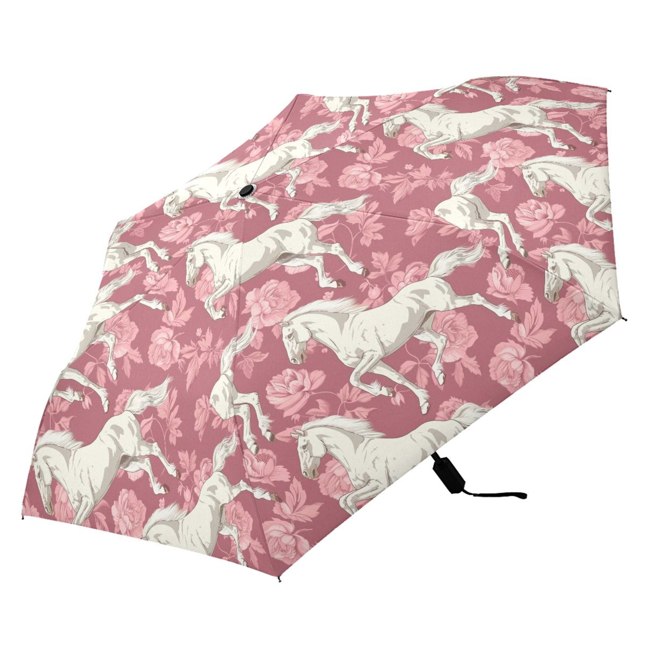 White Horse and Peonies Compact Sun Umbrella Windproof Travel Umbrellas for Rain Strong Portable UV Protection