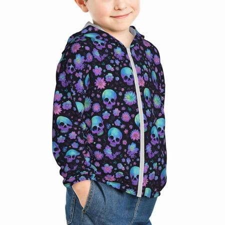 

Uemuo purple Skull flower Pattern Rash Guard for Boys Girls Long Sleeve Swim Shirts UPF 50+ UV Sun Protection Hooded Fishing Shirt with Pocket for Kid-3 Years