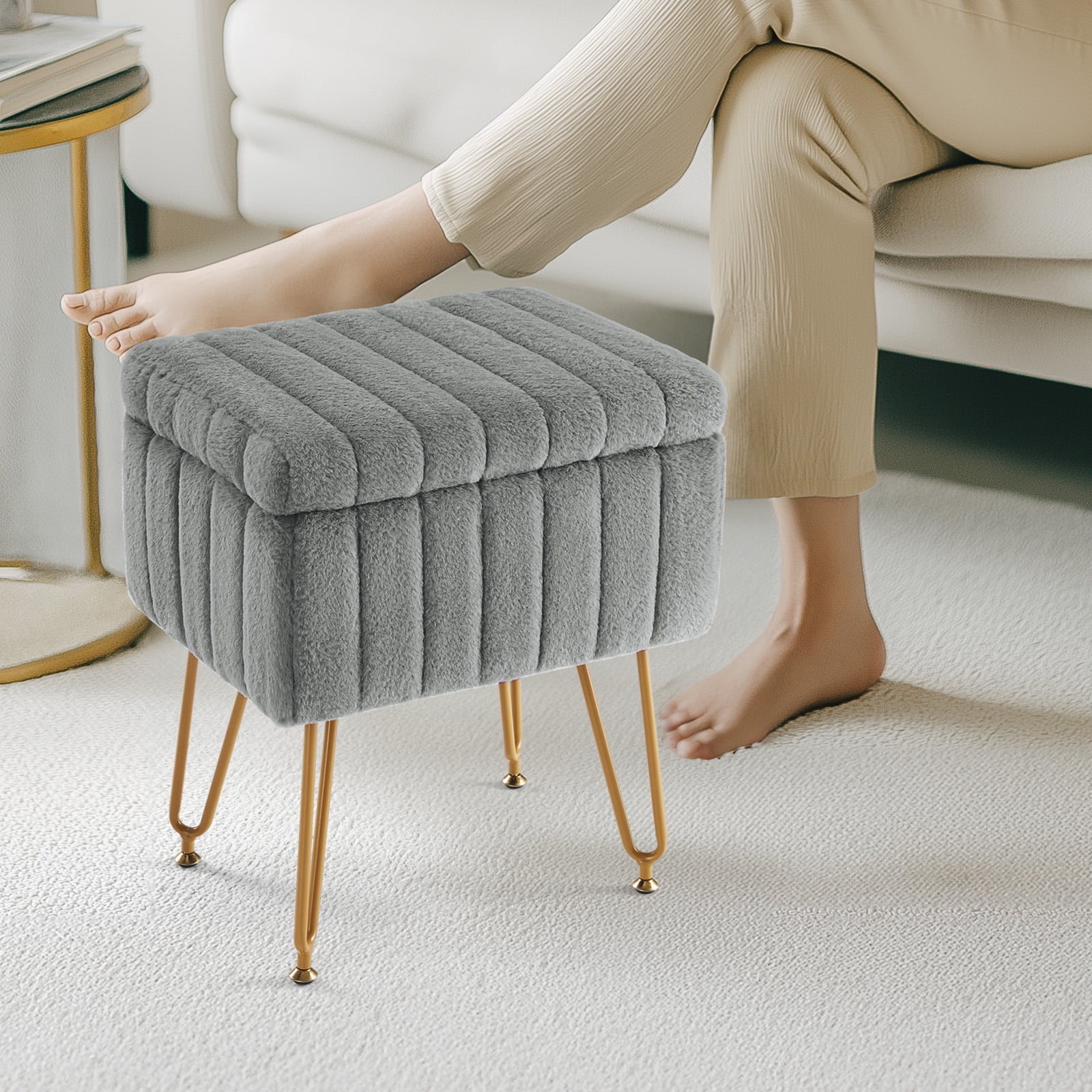 MCQ Stool Chair with Storage Space,with Non-Slip Feet, for Dressing Room, Bedroom, Grey