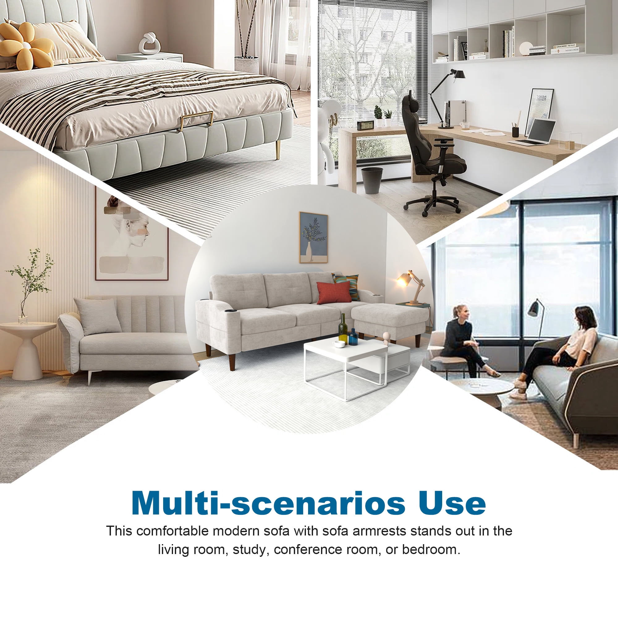 Aukfa L Shaped Sectional Sofa with USB Ports and Cup Holders, 78" 3 Seater Couch with Storage Ottoman, Beige