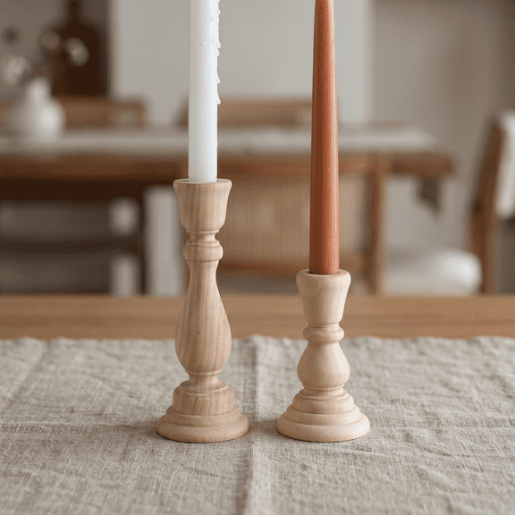 Retro Unpainted Wood Candlestick Holders Set of 2 – Classic Craft Candle Stick Holder for Wedding Decor, Home Decoration & Rustic Table Centerpiece
