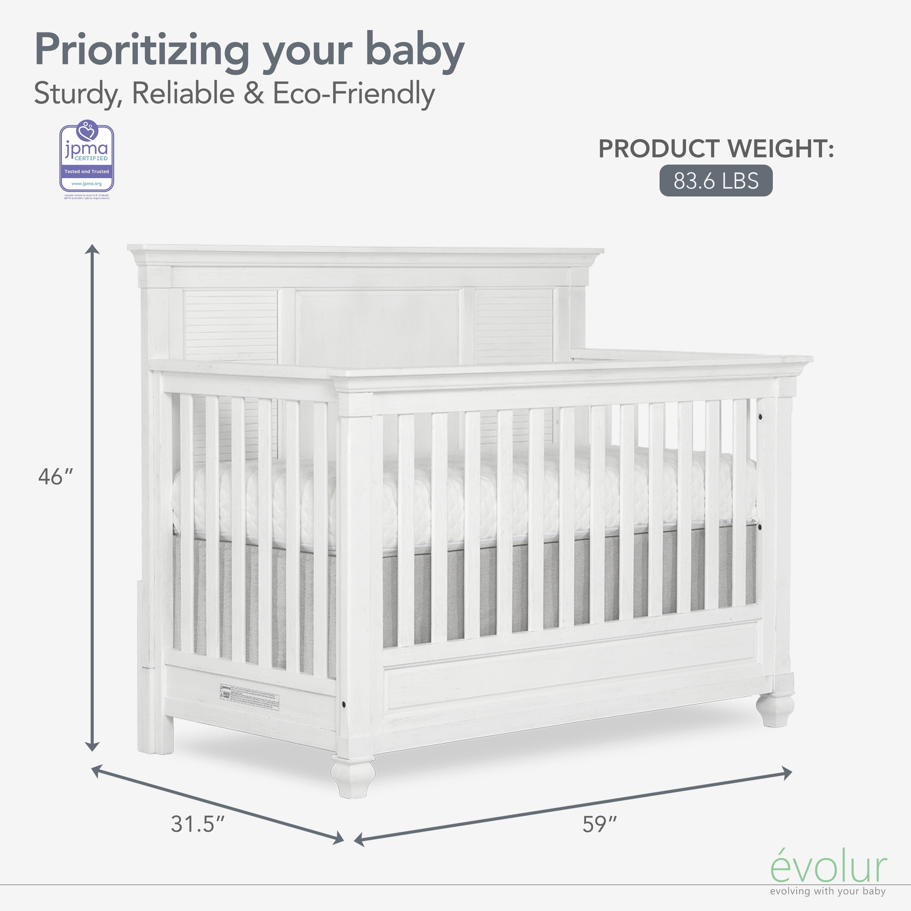 Evolur Signature Cape May 5-in-1 Full Panel Convertible Crib, White