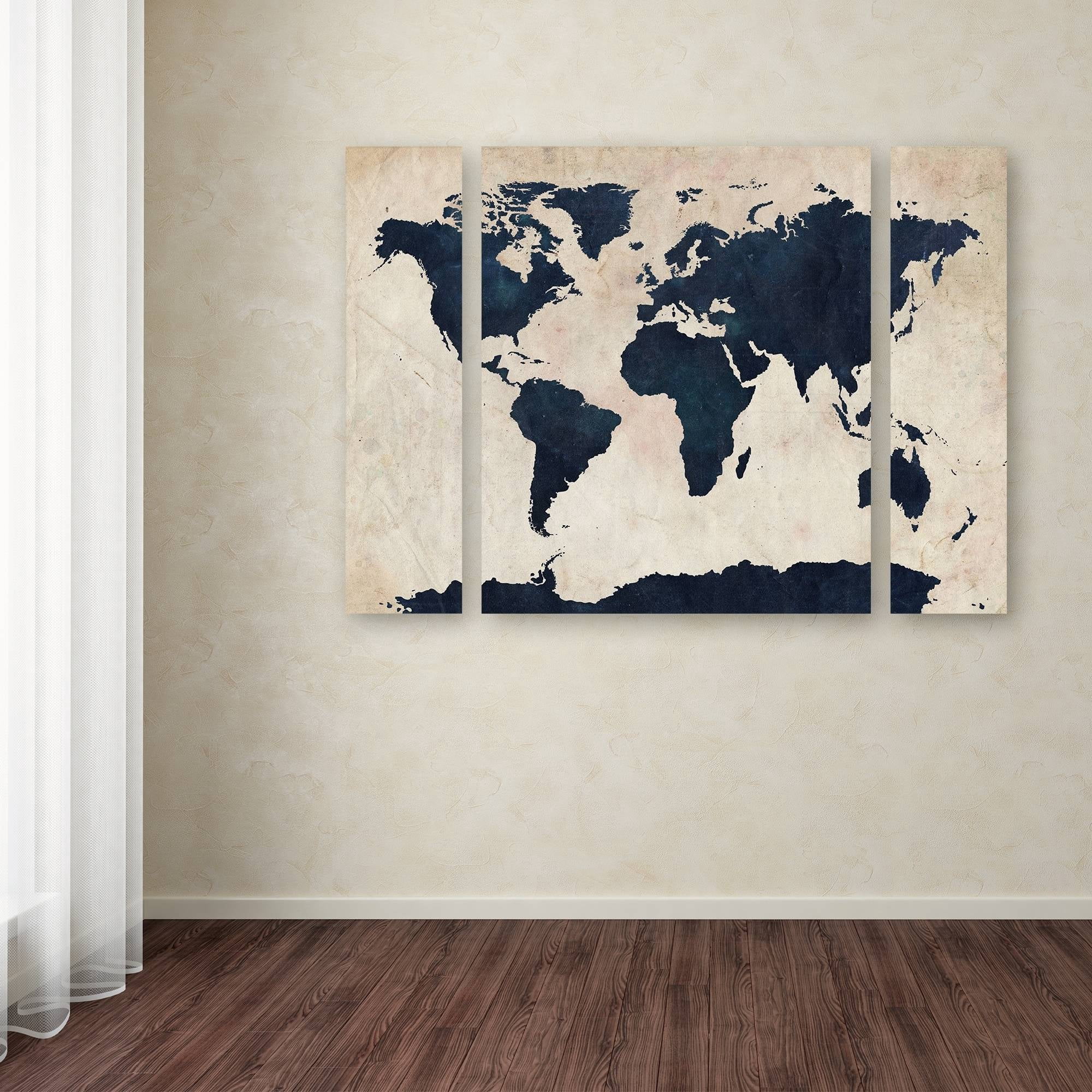 Trademark Fine Art "World Map Navy" Canvas Art by Michael Tompsett Three Panel Set
