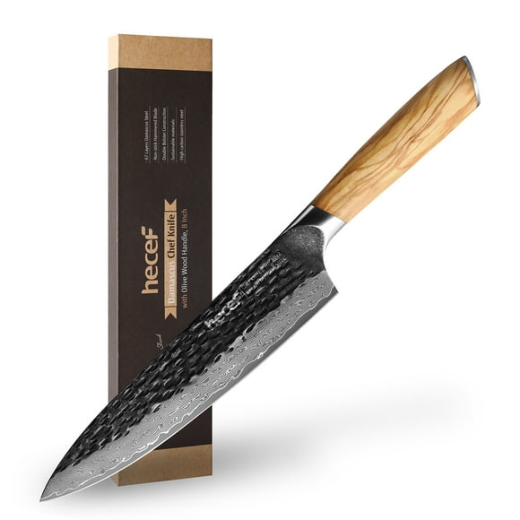 Hecef 8 inch Japanese Damascus Chef Knife, Razor Sharp 67 Layers Damascus Steel Meat Sushi Knife