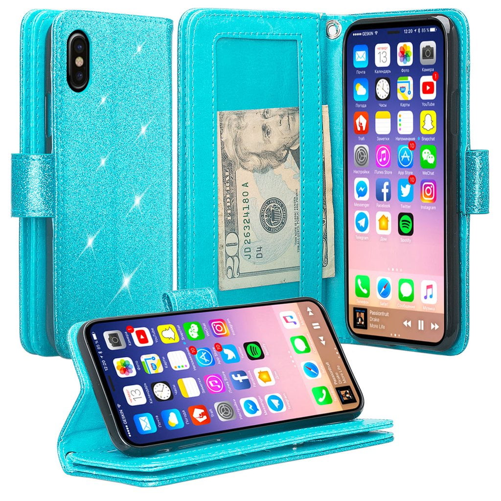 iPhone X/XS Hülle,Premium Bling Glitter PU Leder Zipper Clutch Flip Brieftasche Standfunktion Brieftasche Magnetverschluss Handyhülle mit Kartensteckplätzen & Geldtasche für 5,8 iPhone X/XS