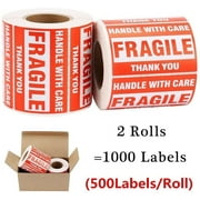 SJPACK 1000 Fragile Stickers 2 Rolls 2'' x 3'' Fragile - Handle with Care - Thank You Shipping Labels Stickers (500 Labels/Roll)