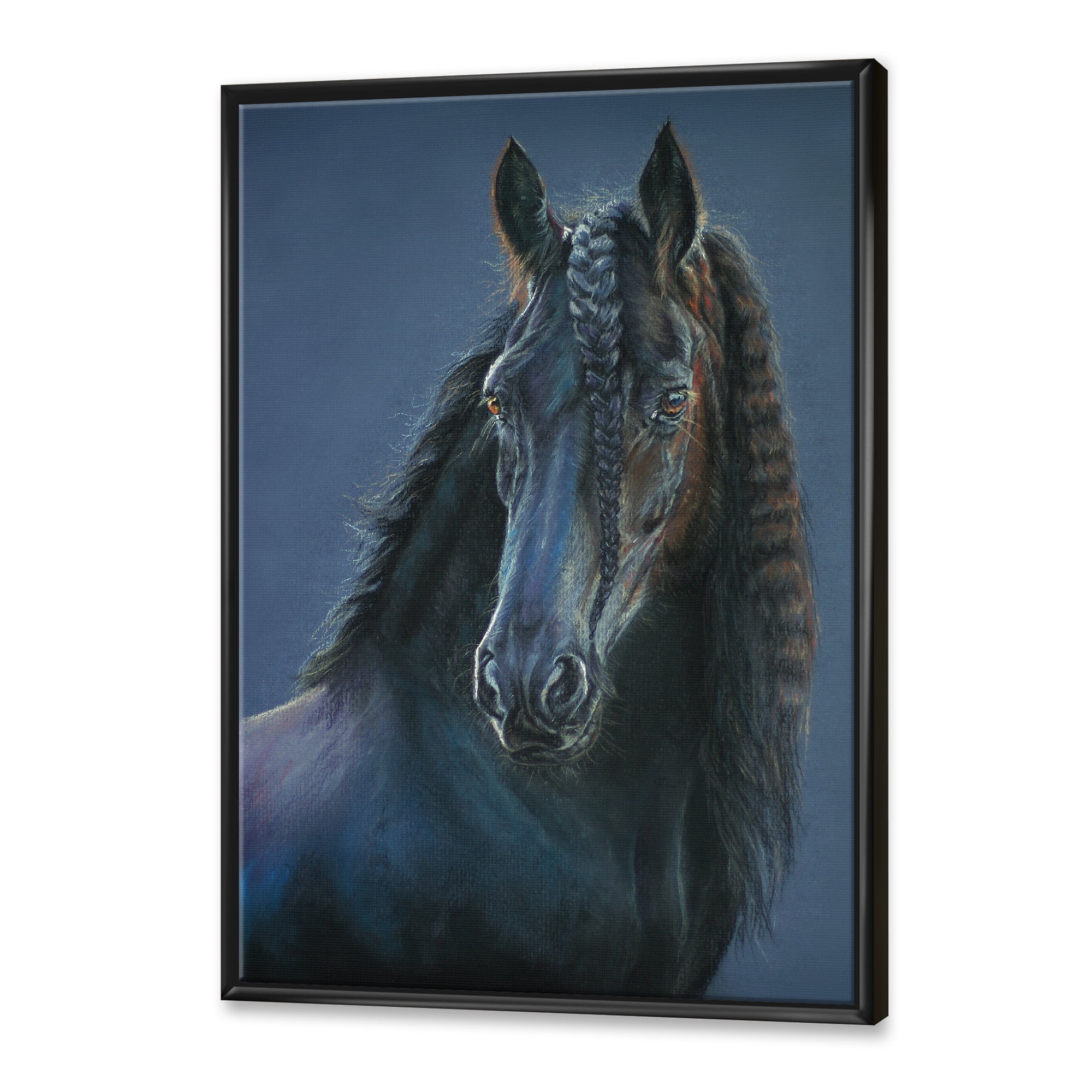 Frisian Black Horse Portrait 12 in x 20 in Framed Photography Canvas Art Print, by Designart
