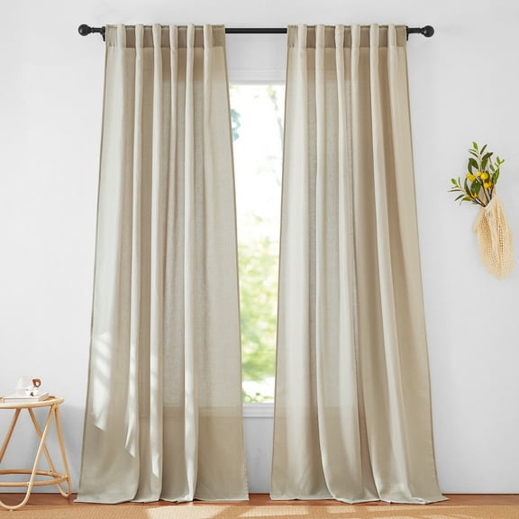 StangH Flax Linen Farmhouse Curtains 84 inches Long, Breathable Semi Sheer Light Airy Window Drapes Rustic Cottage Fall Curtains for Living Room Office, Camel, W55 x L84, 2 Panels