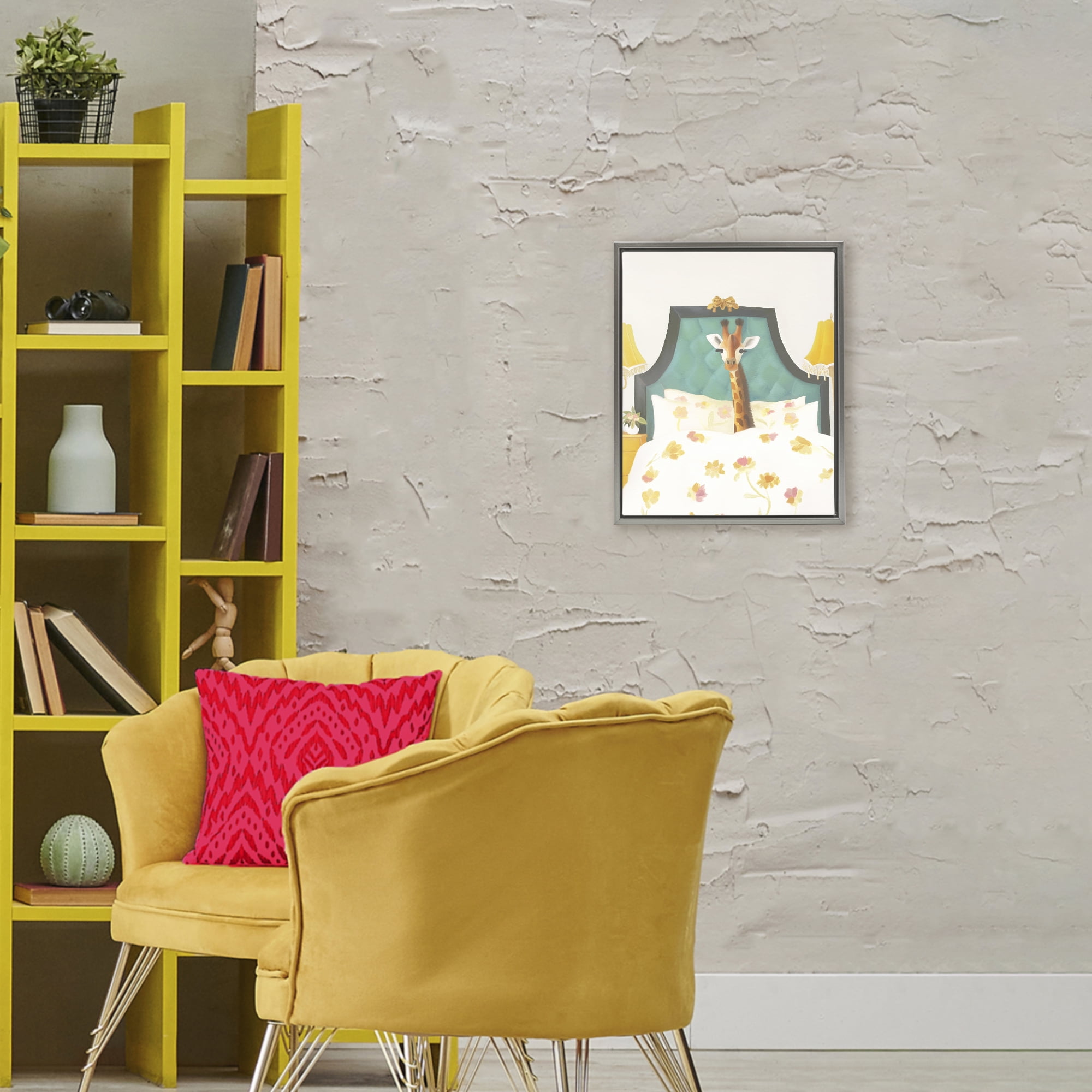 Good Morning Giraffe in Bed Gray Framed Floater Canvas Wall Art, design by Leah Straatsma