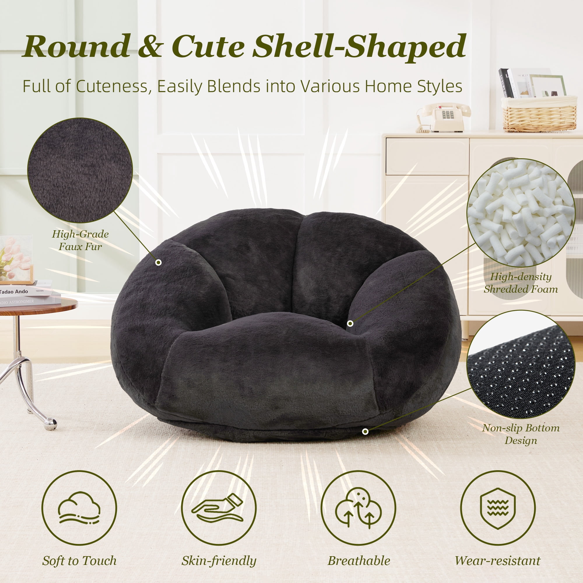 MOONMISS Bean Bag Chair for Adults & Teen,Floral Shaped Memory Foam Deep Sink-in Breathable Faux Fur Bean Bag Sofa,Easy to Clean for Living Room & Dorm,Dark Gray