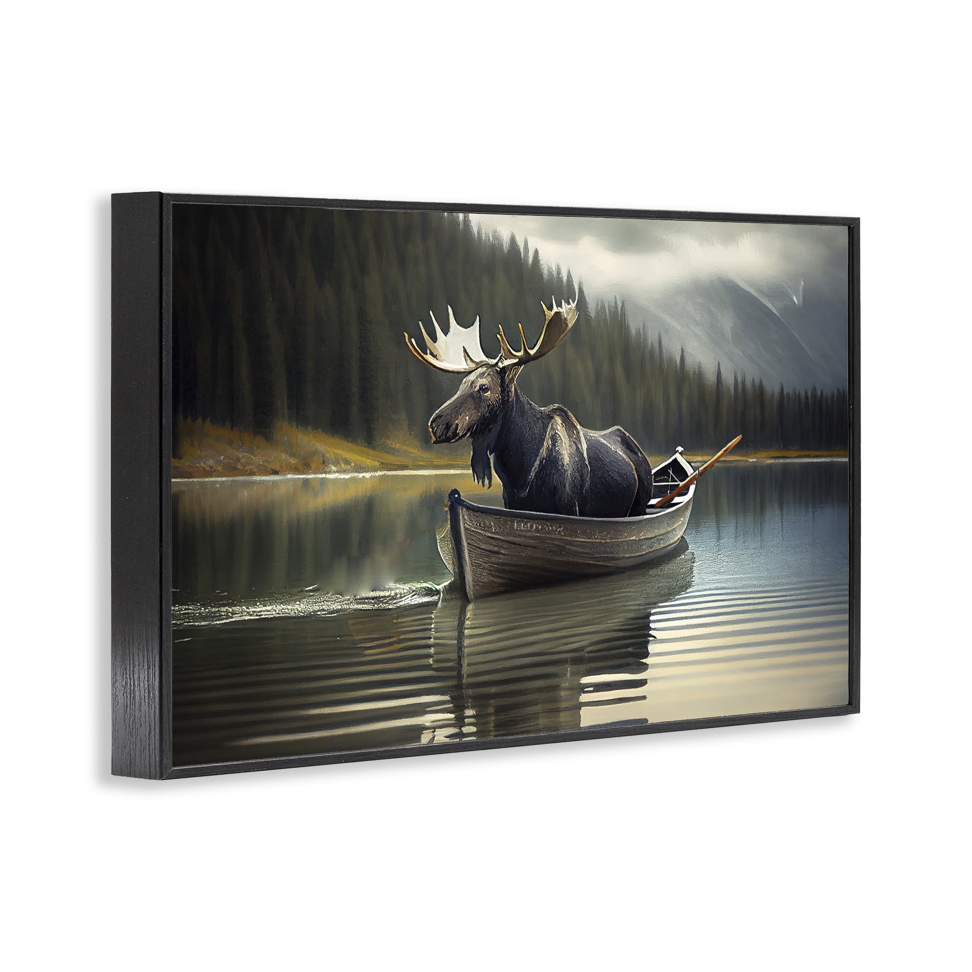 Moose in Canoe Tranquility Black Framed Giclee Art, design by Sasha