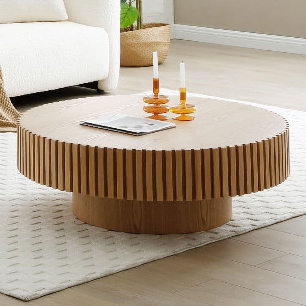 Vastcury 39.37" MDF Coffee Table, Modern Handcraft Drum Coffee Table, Circle Coffee Table for Living Room, Natural