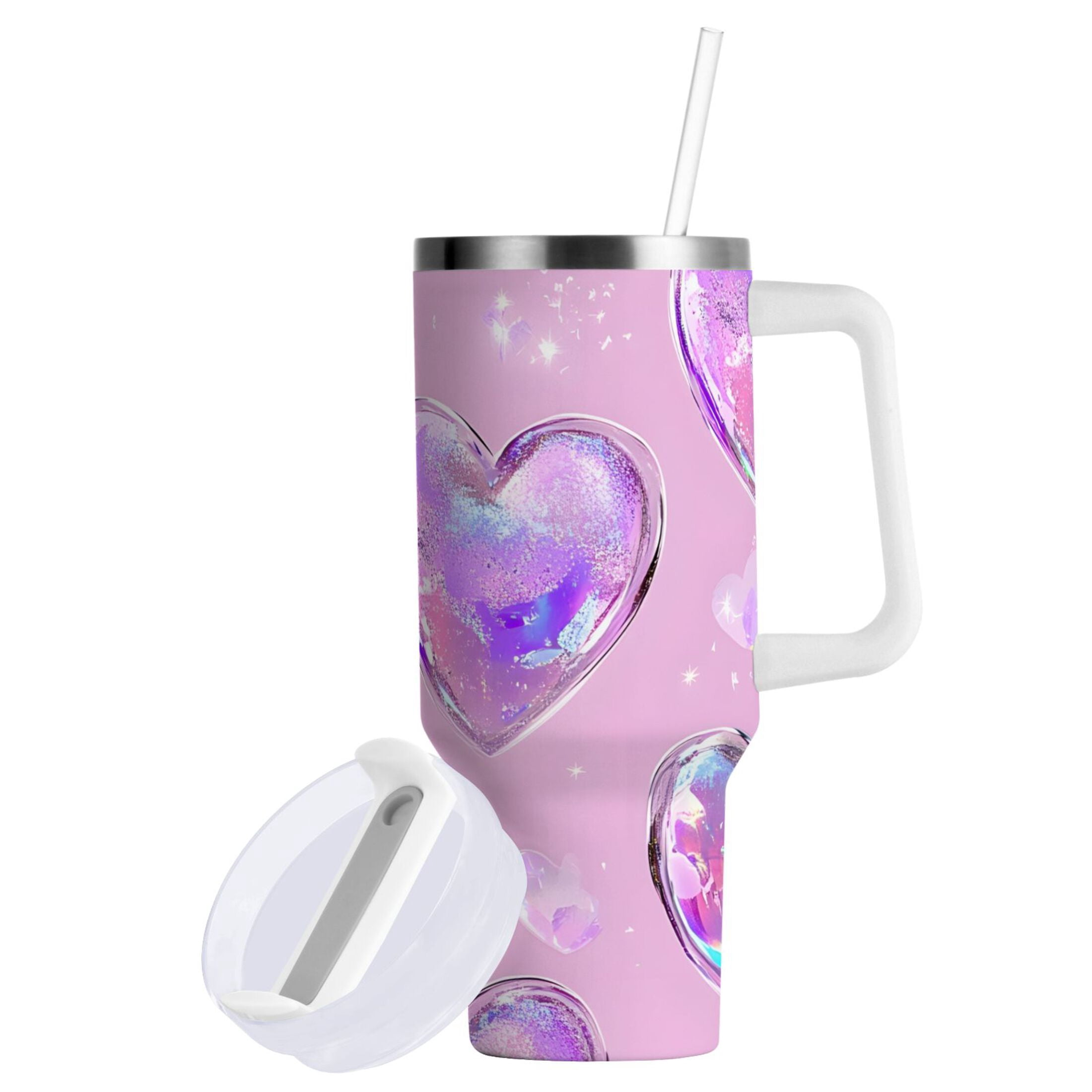 Ryvnso 40 oz Tumbler with Handle and Straw Holographic Glitter Hearts Insulated Stainless Steel Travel Mug with Lid