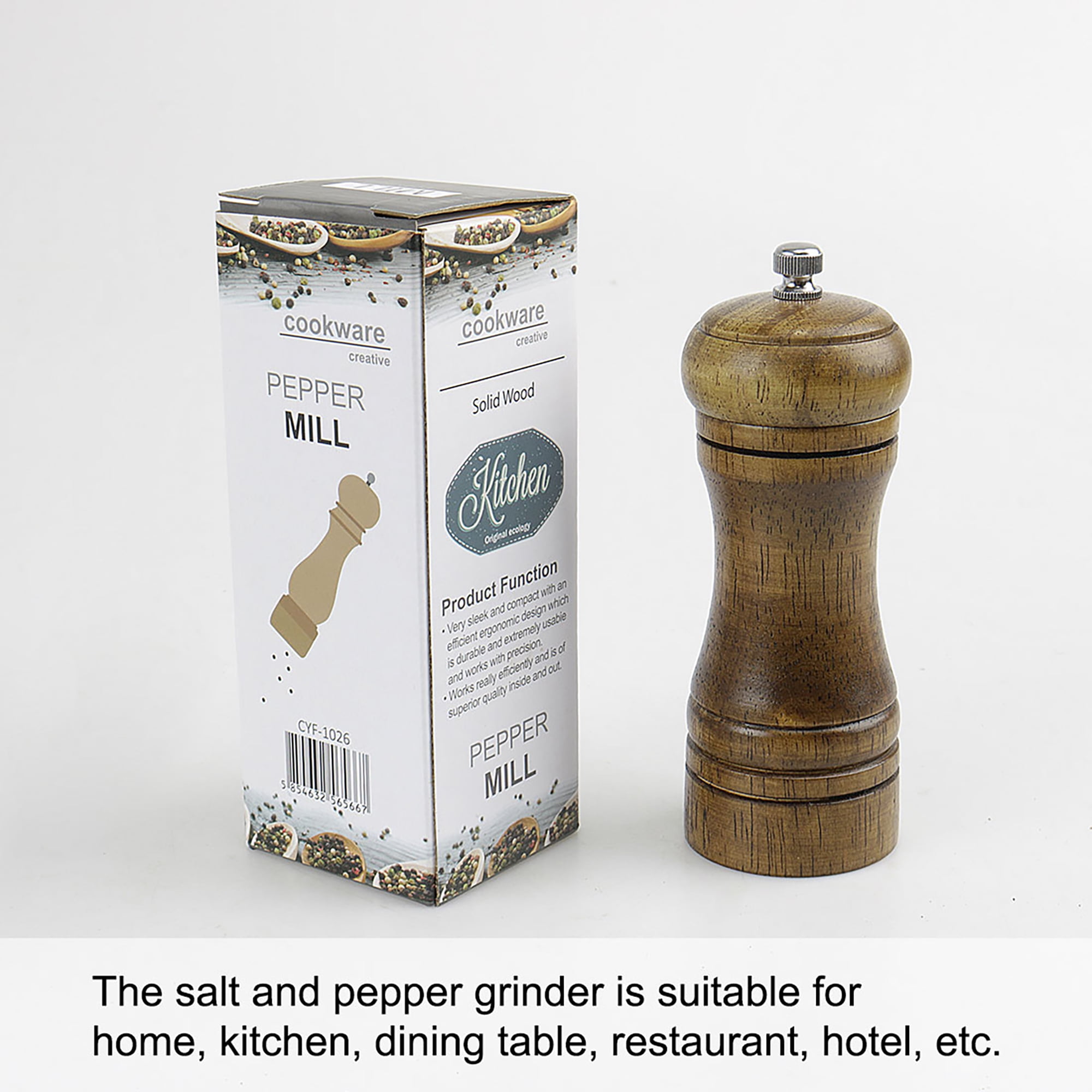 Wooden Pepper Grinder 5.5" Adjustable Coarseness Salt Mills Shakers for