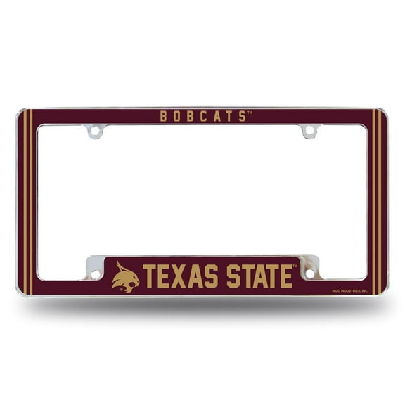 Texas State NCAA Bobcats Chrome Metal License Plate Frame with Full Frame Team Color Graphics