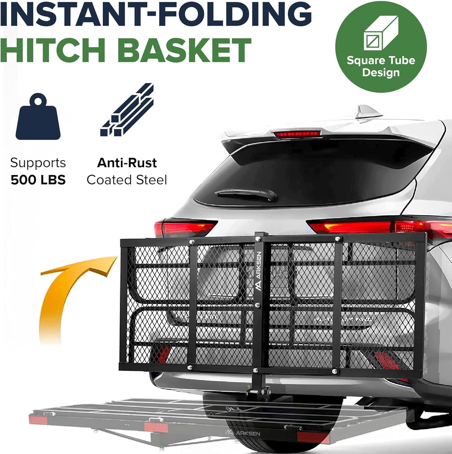 ARKSEN 60"x 24"x 14" Foldable Car Rear High Cargo Rack Carrier Trailer Hitch-Mounted Luggage Basket Fit 2" Receiver (500 lbs Capacity)