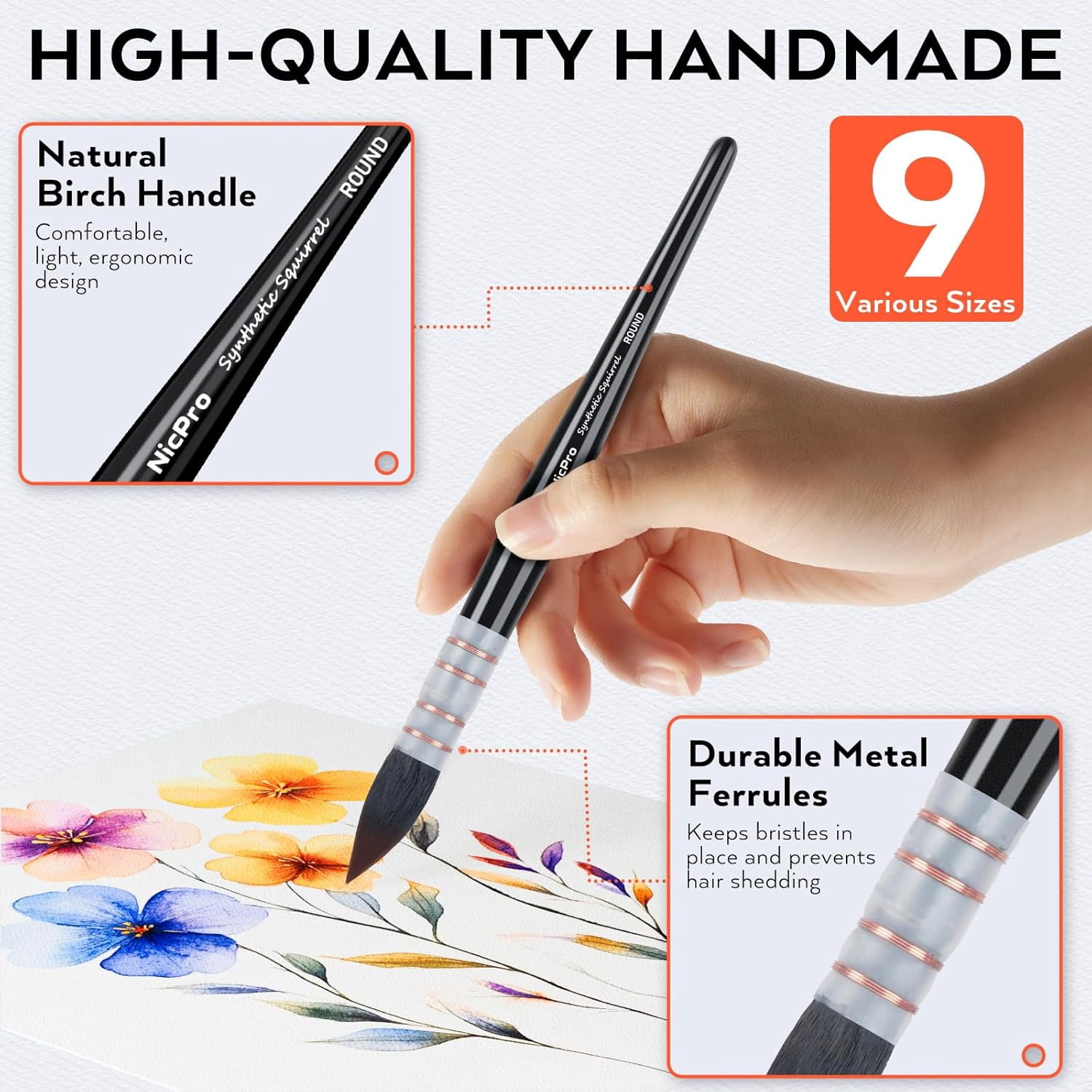 9 PCS Watercolor Brushes, Professional Synthetic Squirrel Hair Water Color Paint Brush Set with Canvas Roll, Absorptive Mop Paintbrushes Artist Supplies for Watercolor, Gouache, Inks Painting