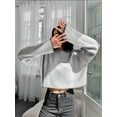 thumbnail image 5 of Women'S 2025 Fall Crew Neck Cropped Sweater Oversized Ribbed Knit Pullover Tops Grey One size, 5 of 7