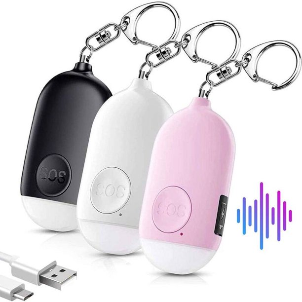 Alarmas personales para mujeres, llavero de autodefensa, seguridad, aprobado por la policía, linterna LED recargable de 130 DB, alarma impermeable para niños mayores, 3 piezas, blanco, negro y rosa