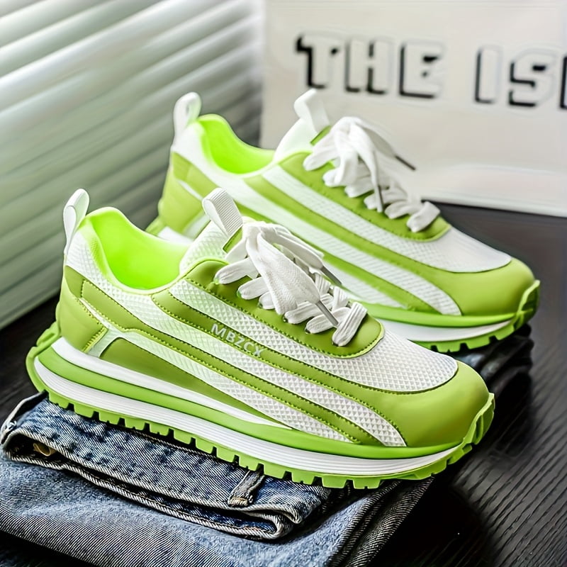 Men'S Casual Sneakers - Breathable Mesh & PU Upper, Teal/White Color-Blocking Design, Thickened PVC Non-Slip Sole, Daily Wear, Lace-Up Shoes, Fashionable Comfortable for All Seasons, Outdoor Hiking,